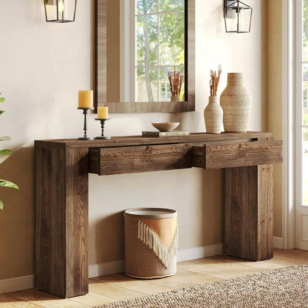 Sofa Table With 2 Drawers, Solid Wood Console For Entryway