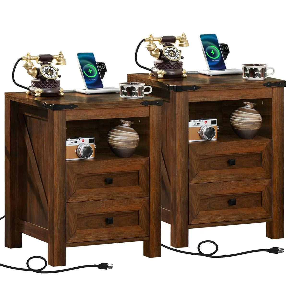 Set Of 2 Farmhouse Nightstands With Charging Station