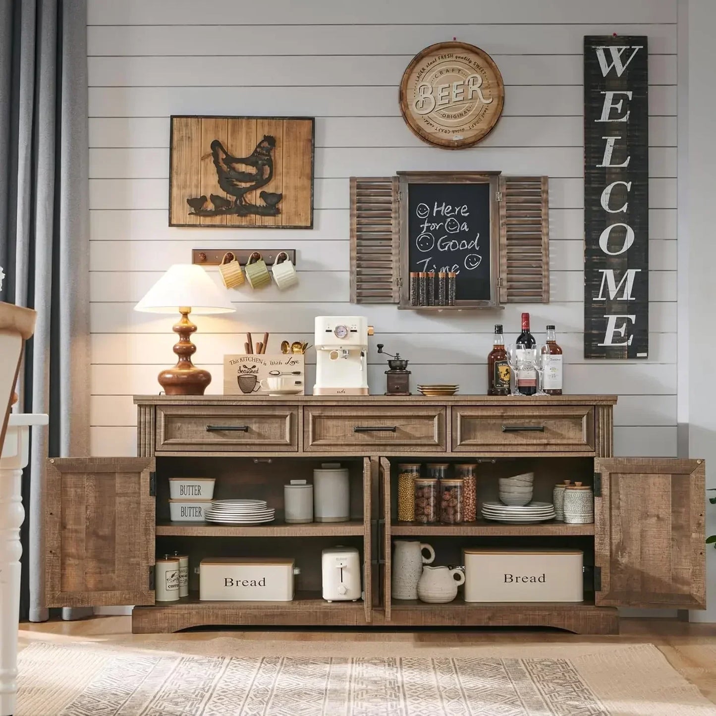 Buffet Sideboard Cabinet With 4 Doors 3 Drawers Wine Bar Storage Dining Room