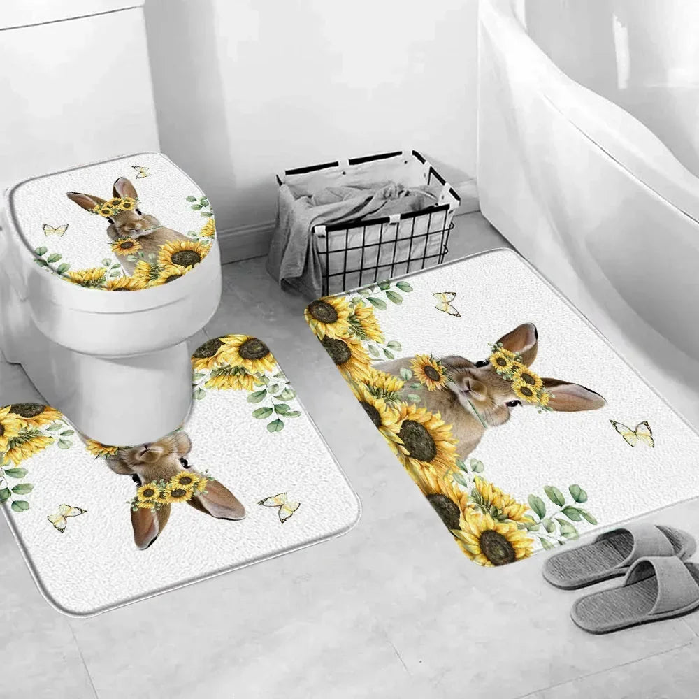Happy Easter Bath Rug Set With Bunny Truck Eggs Decor