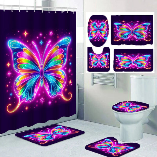 Colorful Butterfly Shower Curtain With Carpet And Toilet Lid