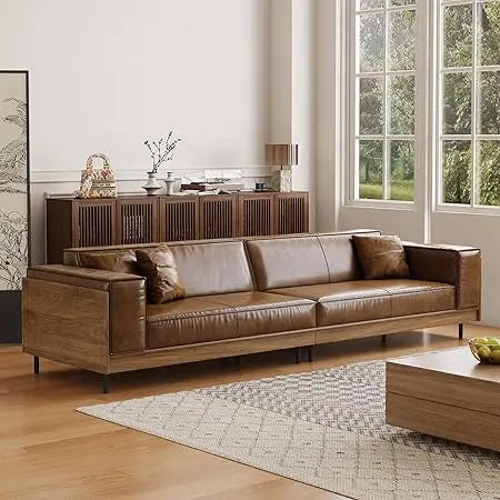 Mid Century Leather Sofa With Wooden Sides And Back