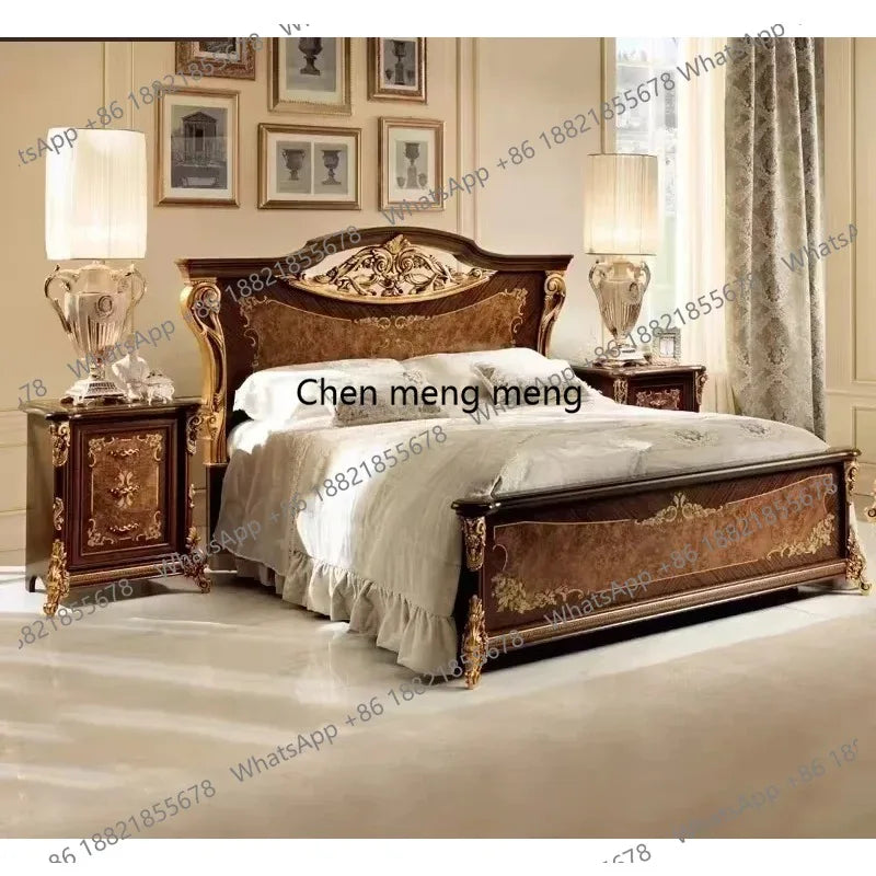 Sales Classic Antique Wood Bedroom Furniture Set Wood Bedroom Set King Bed Luxury Royal Gold Brown Bedroom Furniture Set
