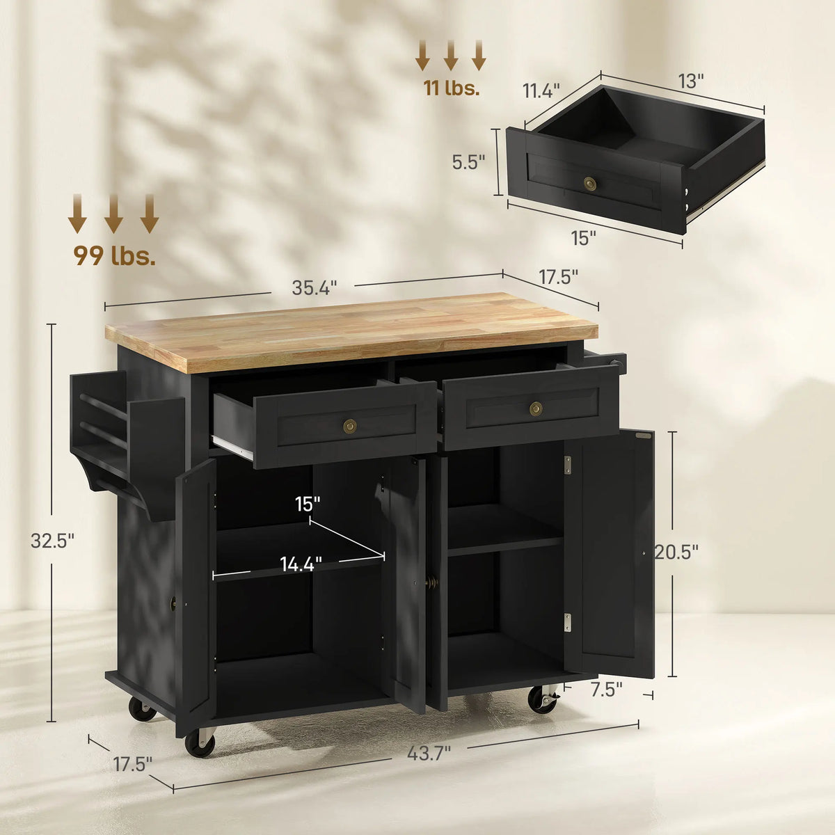 HOMCOM Kitchen Island Cart with Solid Wood Top, 44" Mobile Kitchen Island Table on Wheels with Storage Cabinets, 2 Drawers, Adjustable Shelves, Spice Rack & Towel Bar for Dining Room, Black