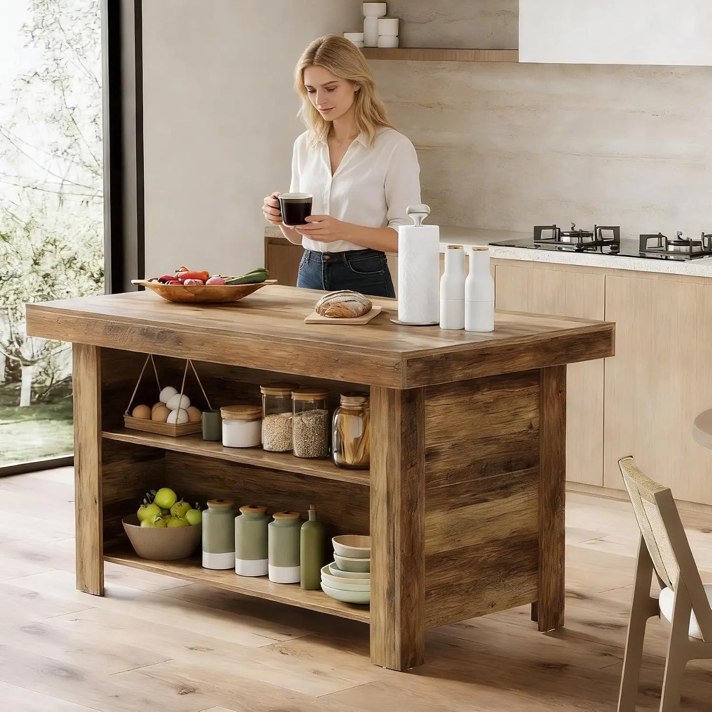 55 Inches Kitchen Island with Storage, 3-Tier Farmhouse Wooden Stationary Island Table with Large Worktop & Leg Room, Modern Cof