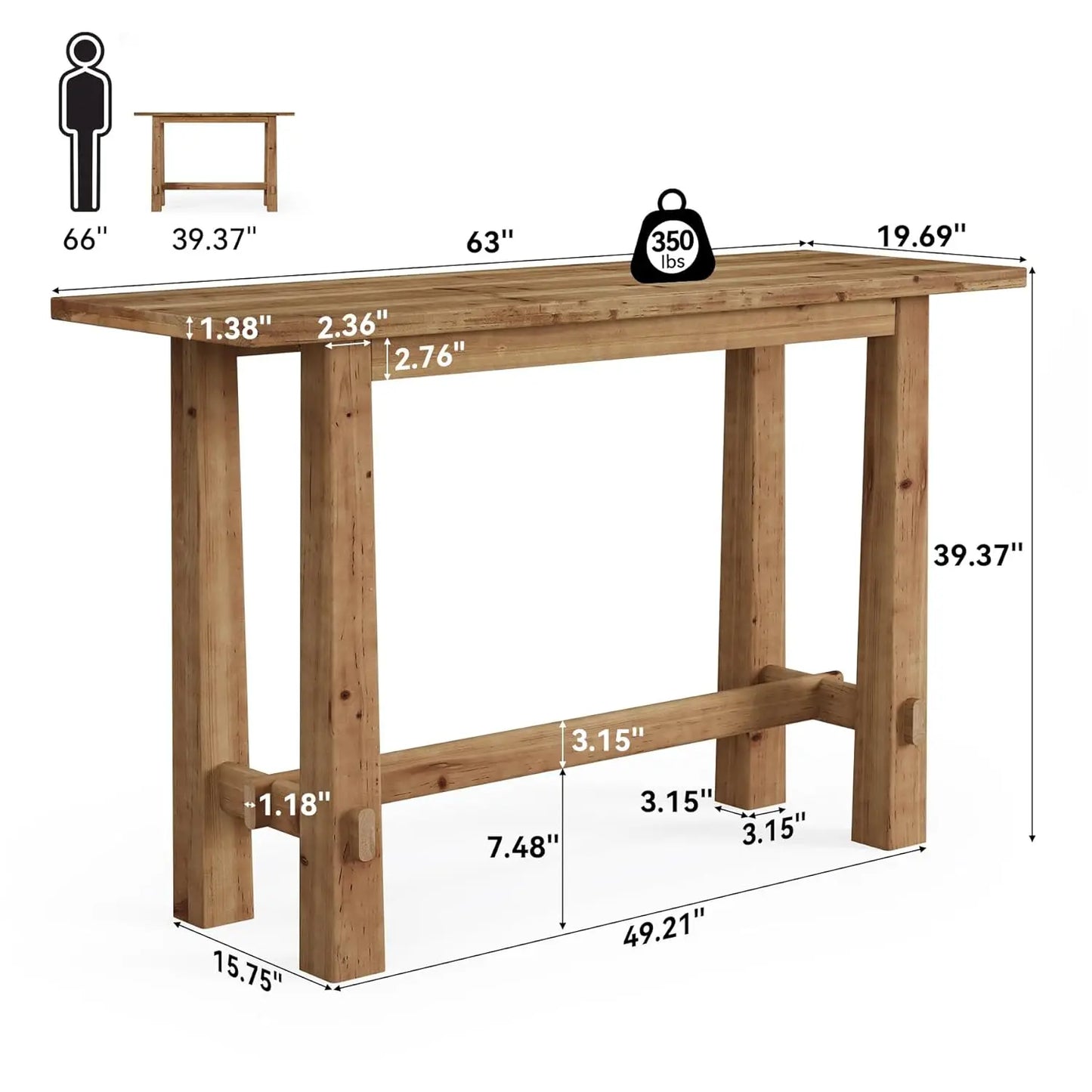 Solid Wood Bar Table Rustic High Top Dining For Kitchen And Home