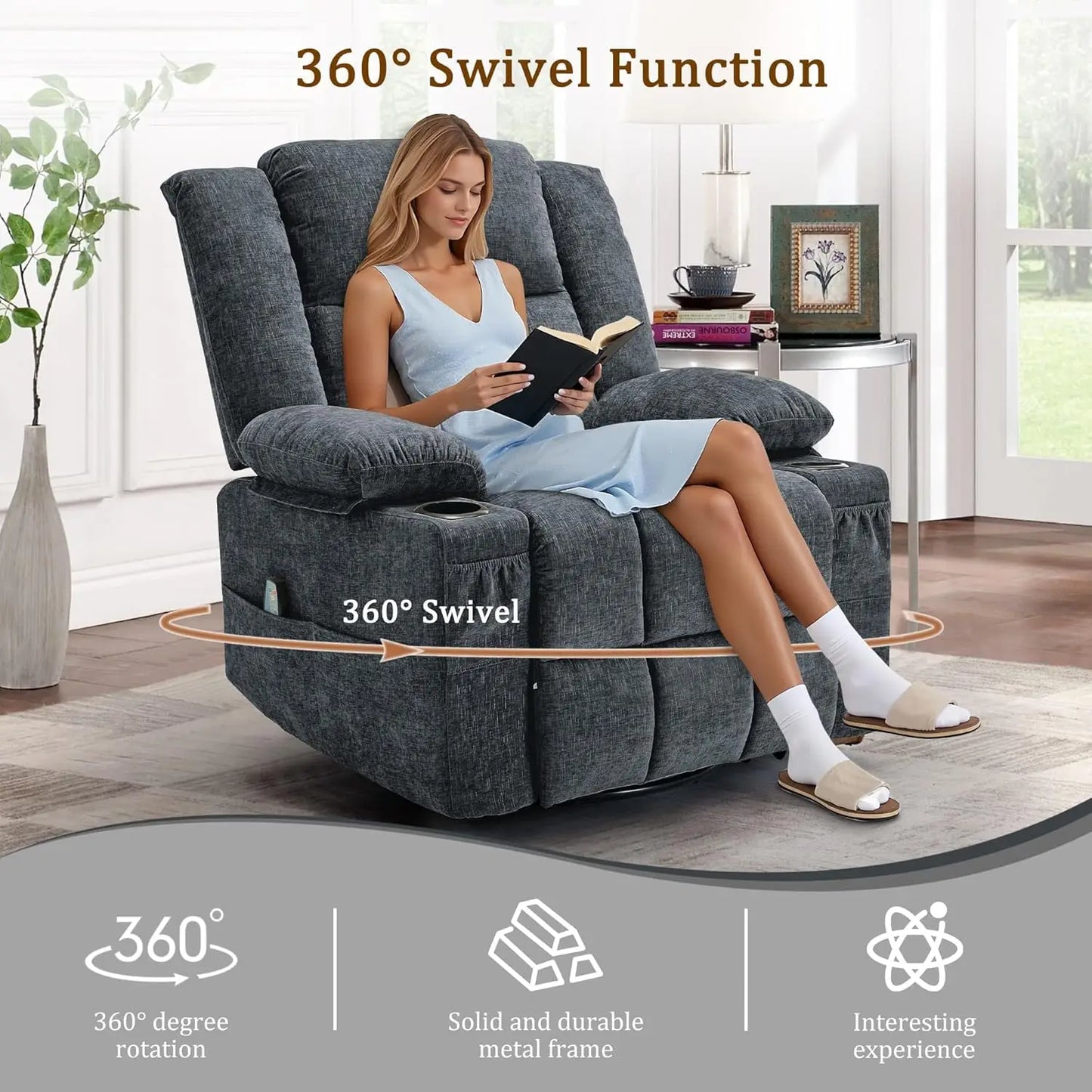 Korser 360° Swivel Rocker Recliner With Massage And Cup Holder
