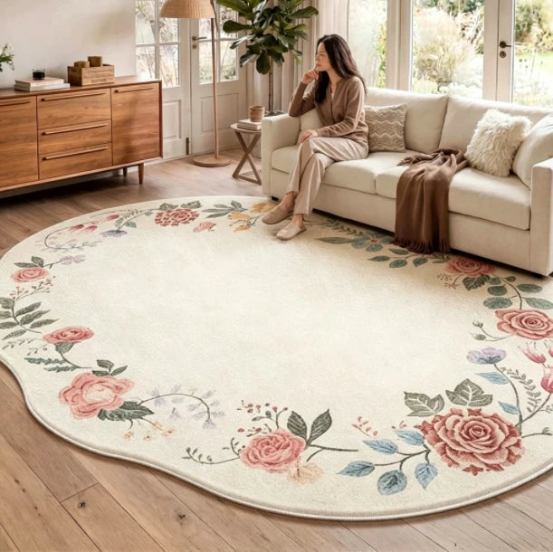 Irregular Shaped Plush Rug For Living Room With Flower Pattern