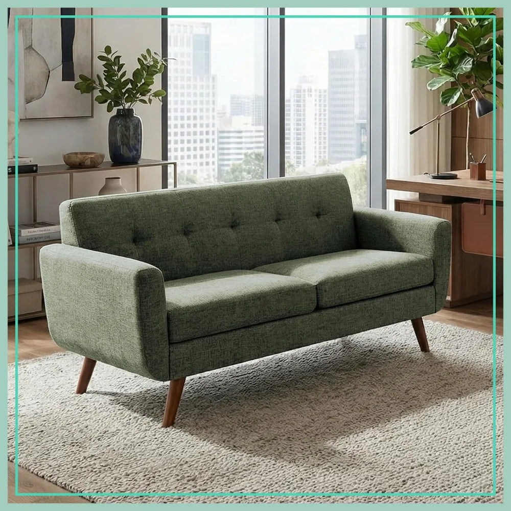 65" Loveseat Sofa, Mid Century Modern Small Couch for Living Room, Tufted Upholstered Love Seat, Green