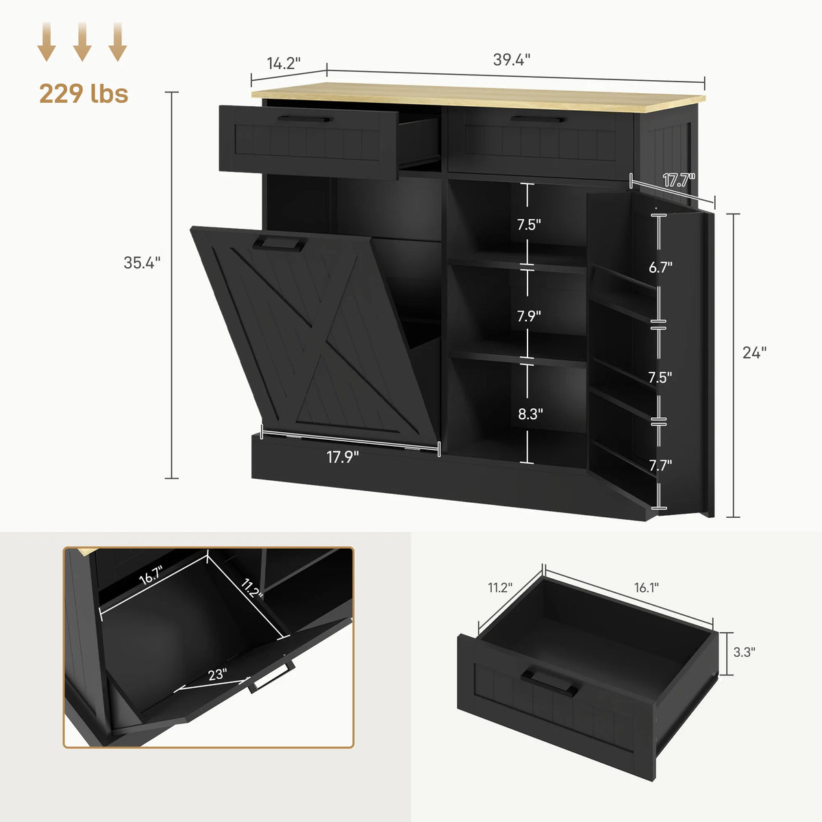 HOMCOM Tilt Out Trash Can Cabinet, 10 Gallon Farmhouse Kitchen Cabinet with Hidden Trash Can and 2 Drawers for Laundry Room, Pantry, Kitchen, Black