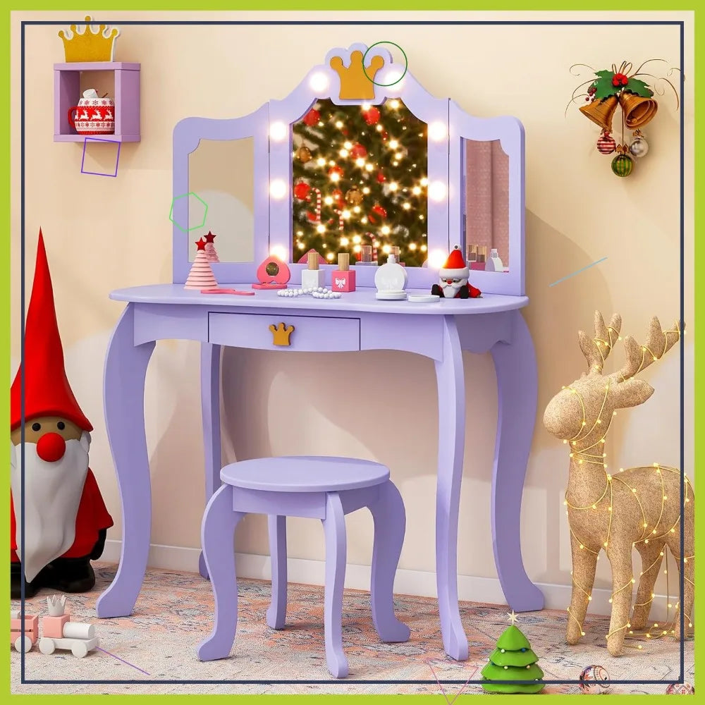 Girls Vanity Set With LED Lights Mirror And Stool Storage