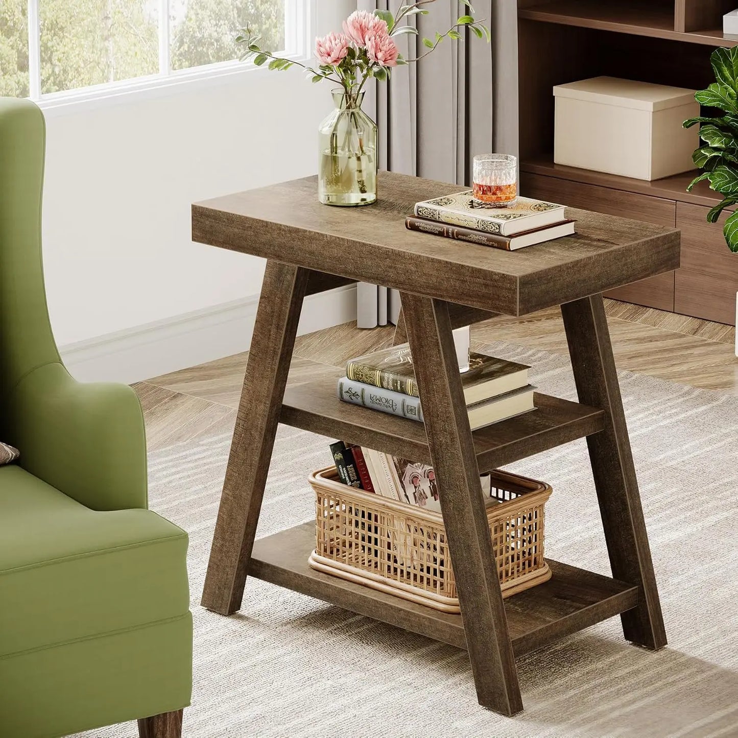 LITTLE TREE 3-Tier Small End Table, Farmhouse Wooden Side Table for Couch, Vintage Sofa Side Table for Living Room,Bedroom