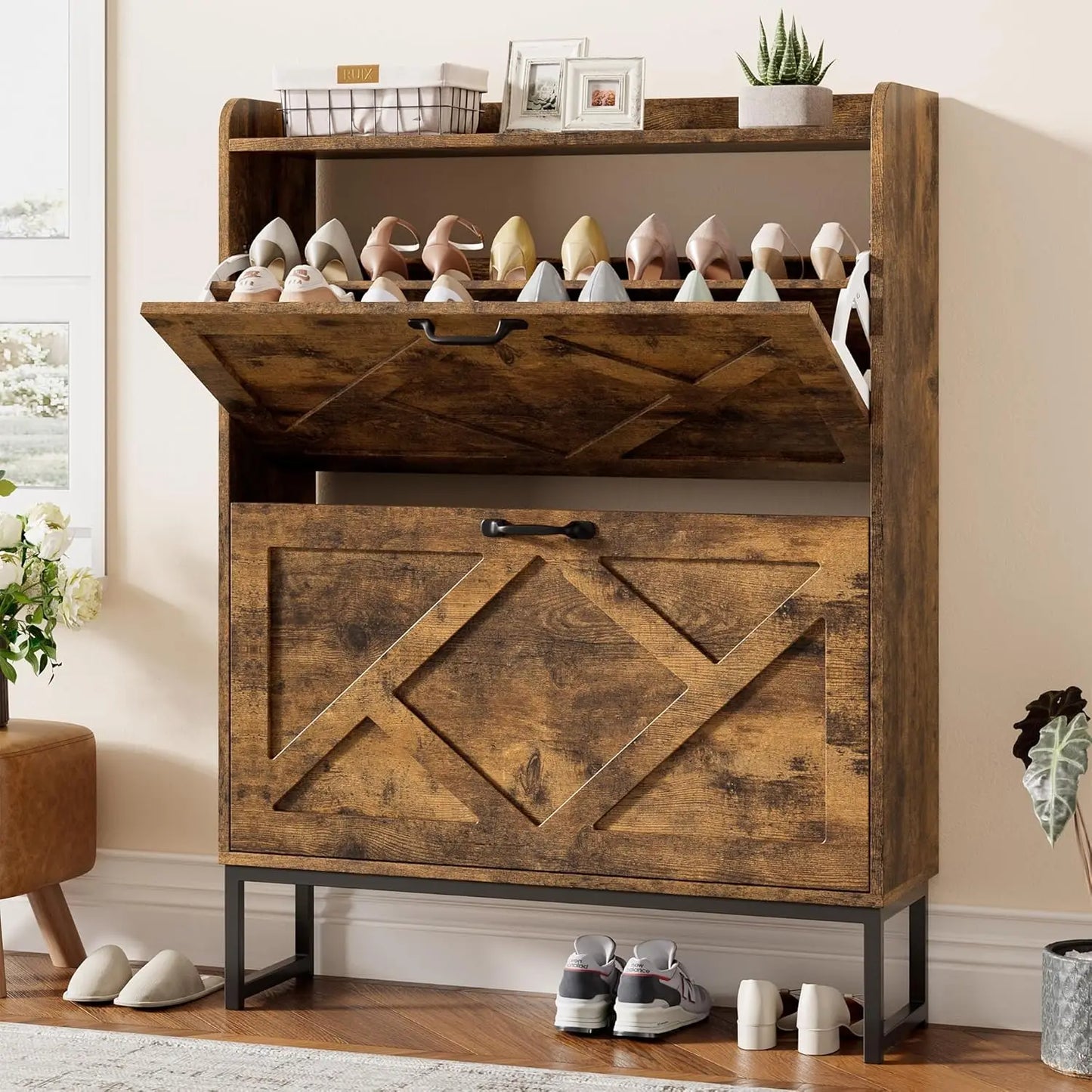 Shoe Cabinet Organizer with 2 Flip Drawers, Narrow Rack with Metal Legs, Slim Storage for Entryway, Foyer, Hallway, Rustic Brown
