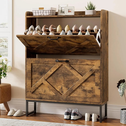 Shoe Cabinet Organizer with 2 Flip Drawers, Narrow Rack with Metal Legs, Slim Storage for Entryway, Foyer, Hallway, Rustic Brown