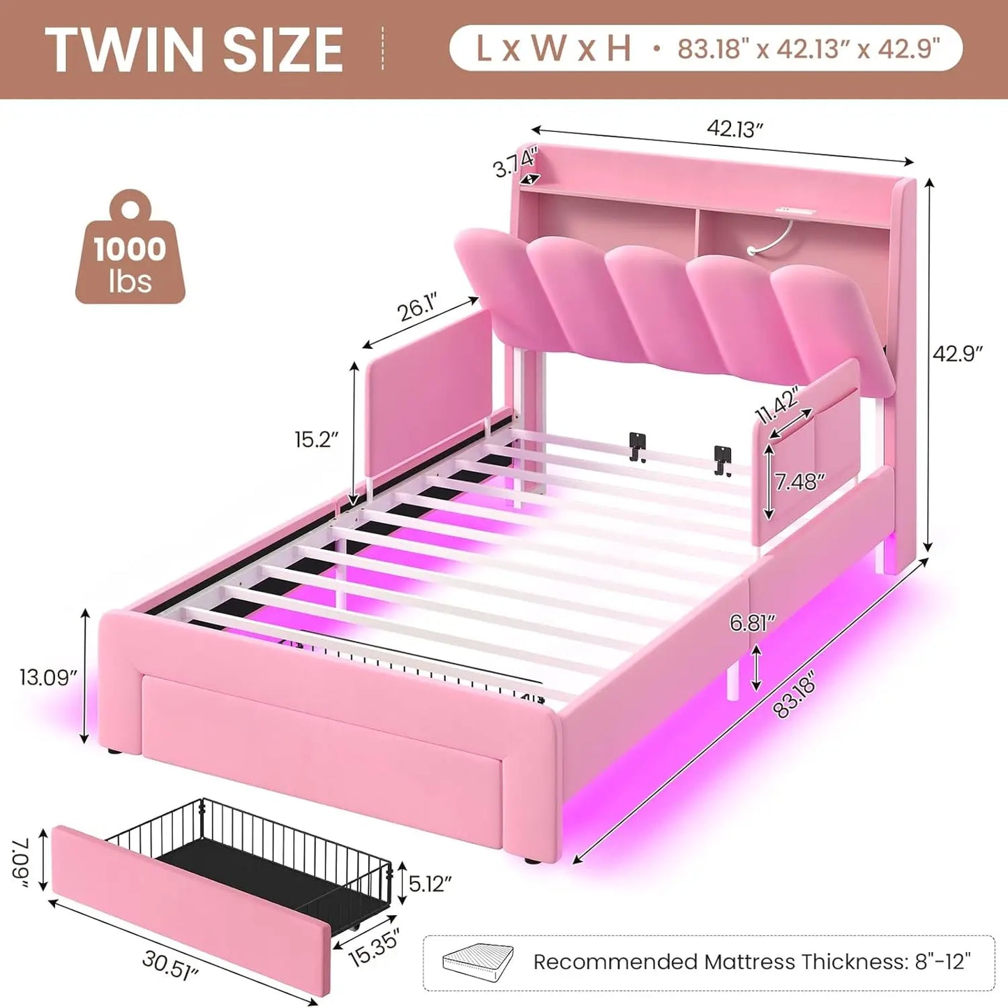 Twin Size Princess Bed Frame Storage Drawer Safety Guardrails Led Velvet Upholstered Platform Bed Girls Wavy Storage Headboard C