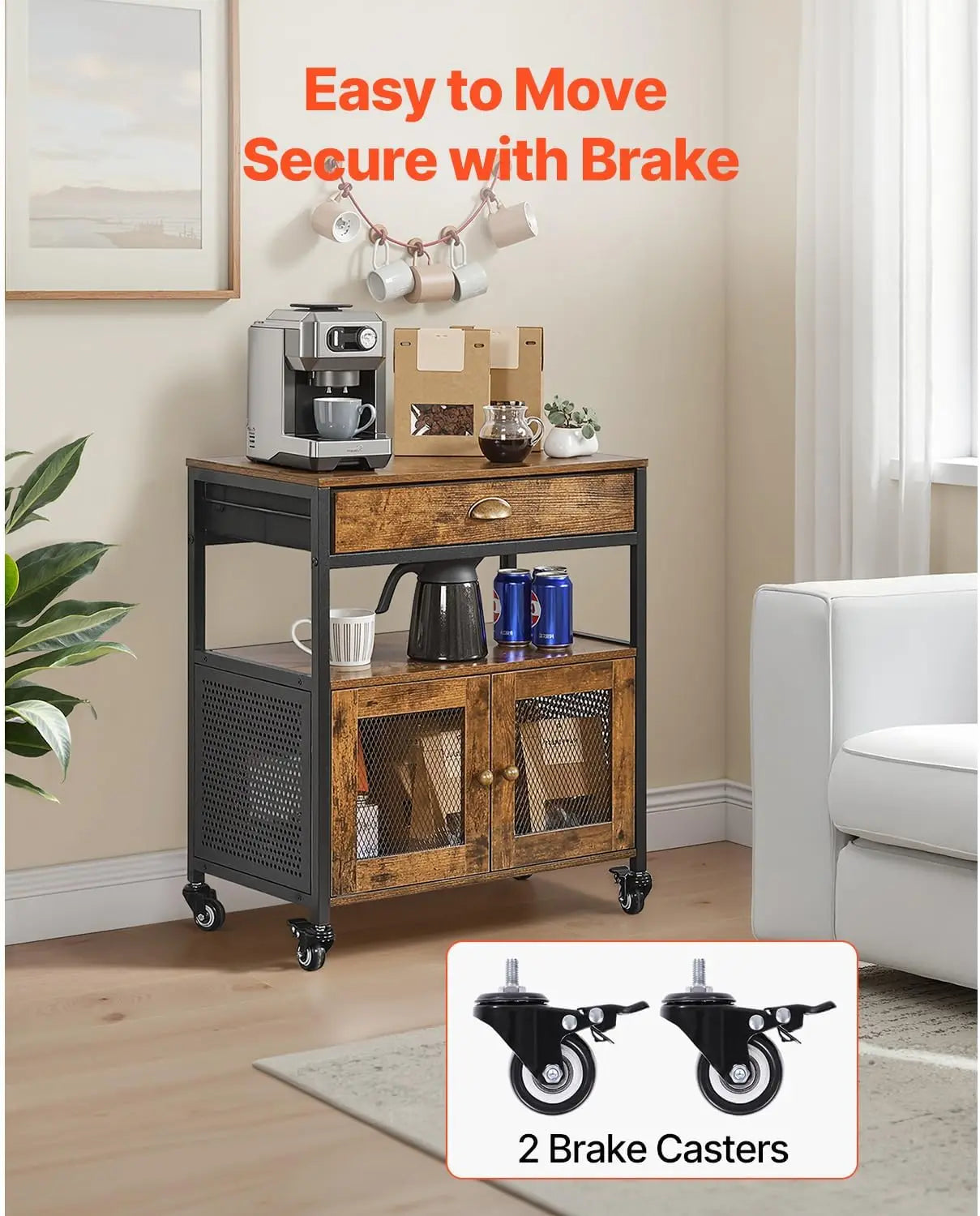 Farmhouse Coffee Bar Cabinet With Wheels And Mesh Door