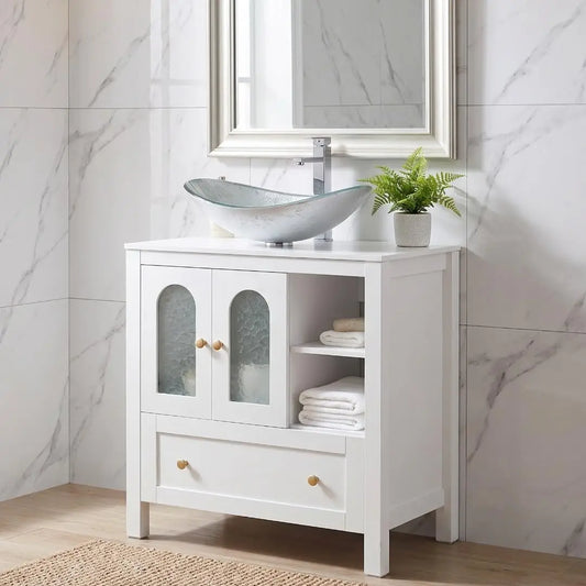 30" Bathroom Vanity with Sink, Freestanding Cabinet, 2 Water Ripple Doors & 1 Drawer, Soft-Close, Silver Glass Boat Sink, White,