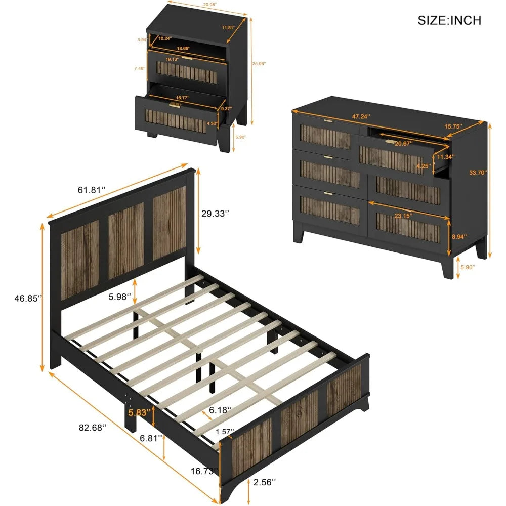 MKDK 4 Piece Queen Bedroom Set With Platform Bed Nightstands Dresser