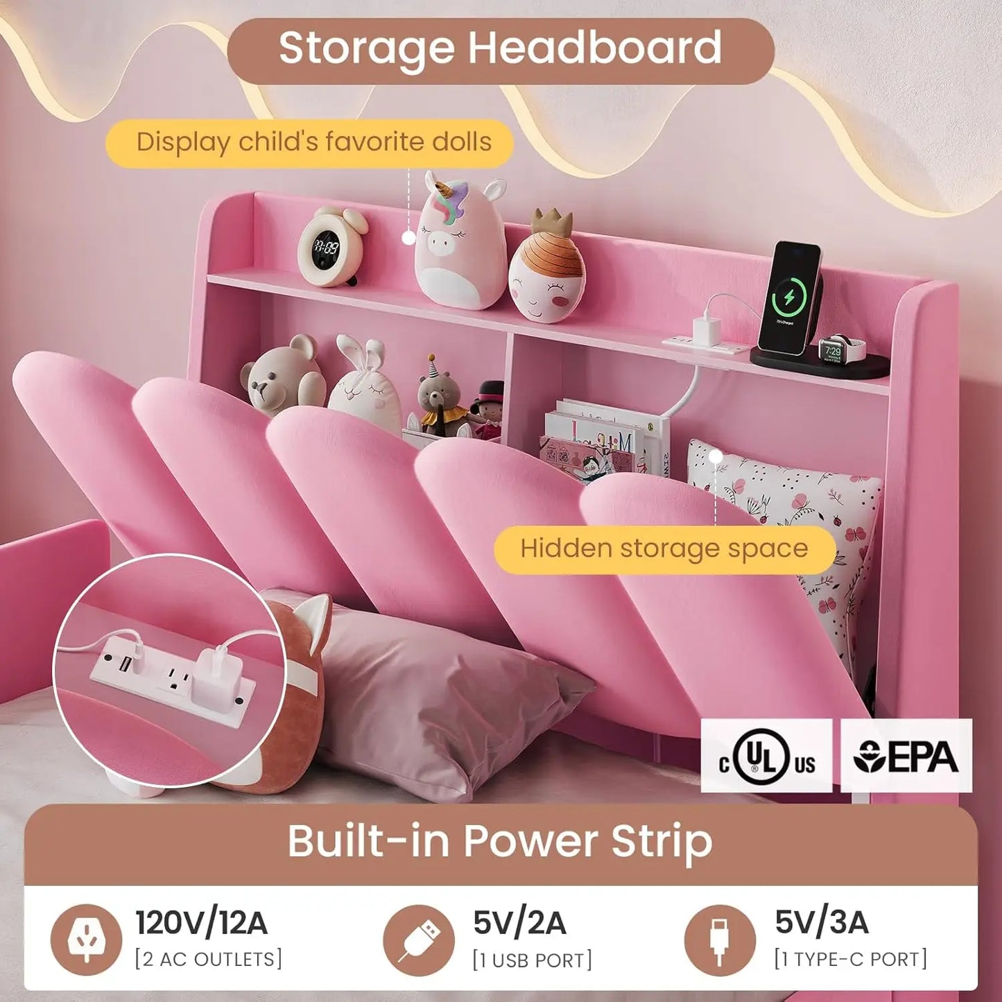 Twin Size Princess Bed Frame Storage Drawer Safety Guardrails Led Velvet Upholstered Platform Bed Girls Wavy Storage Headboard C