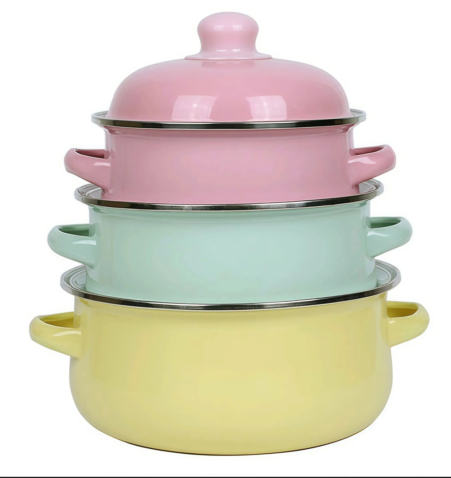 Three Piece Vintage Enamel Stock Pot Set With Lids