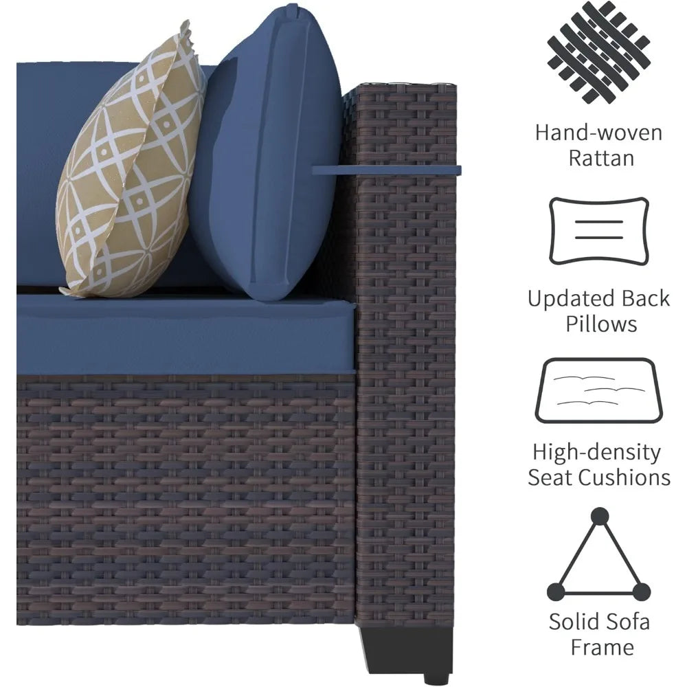 7-Piece Outdoor Patio Sectional Sofa Set All-Weather PE Rattan Conversation Set with Tempered Glass Table and Navy Blue