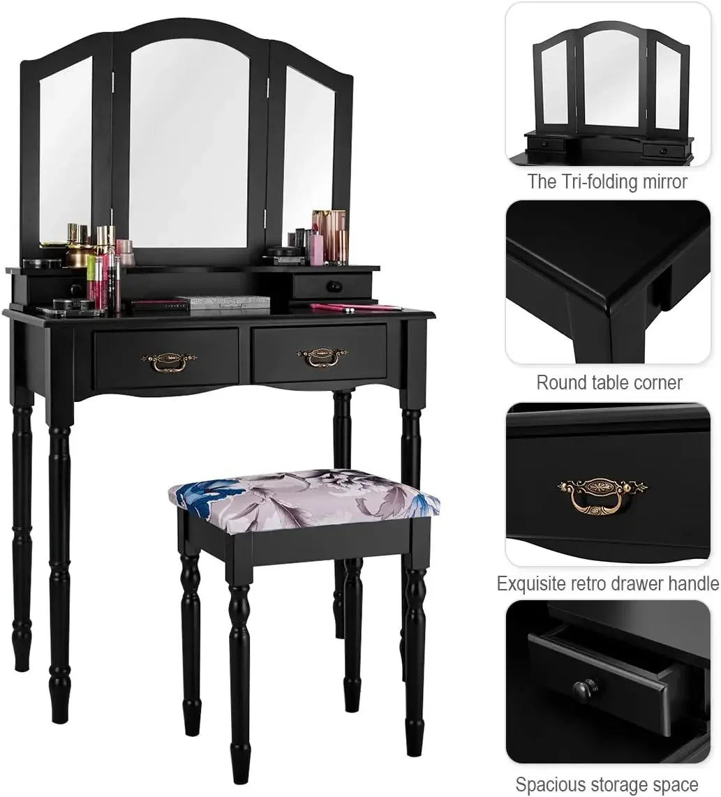 Vanity Table Set With Tri Folding Mirror And Four Drawers