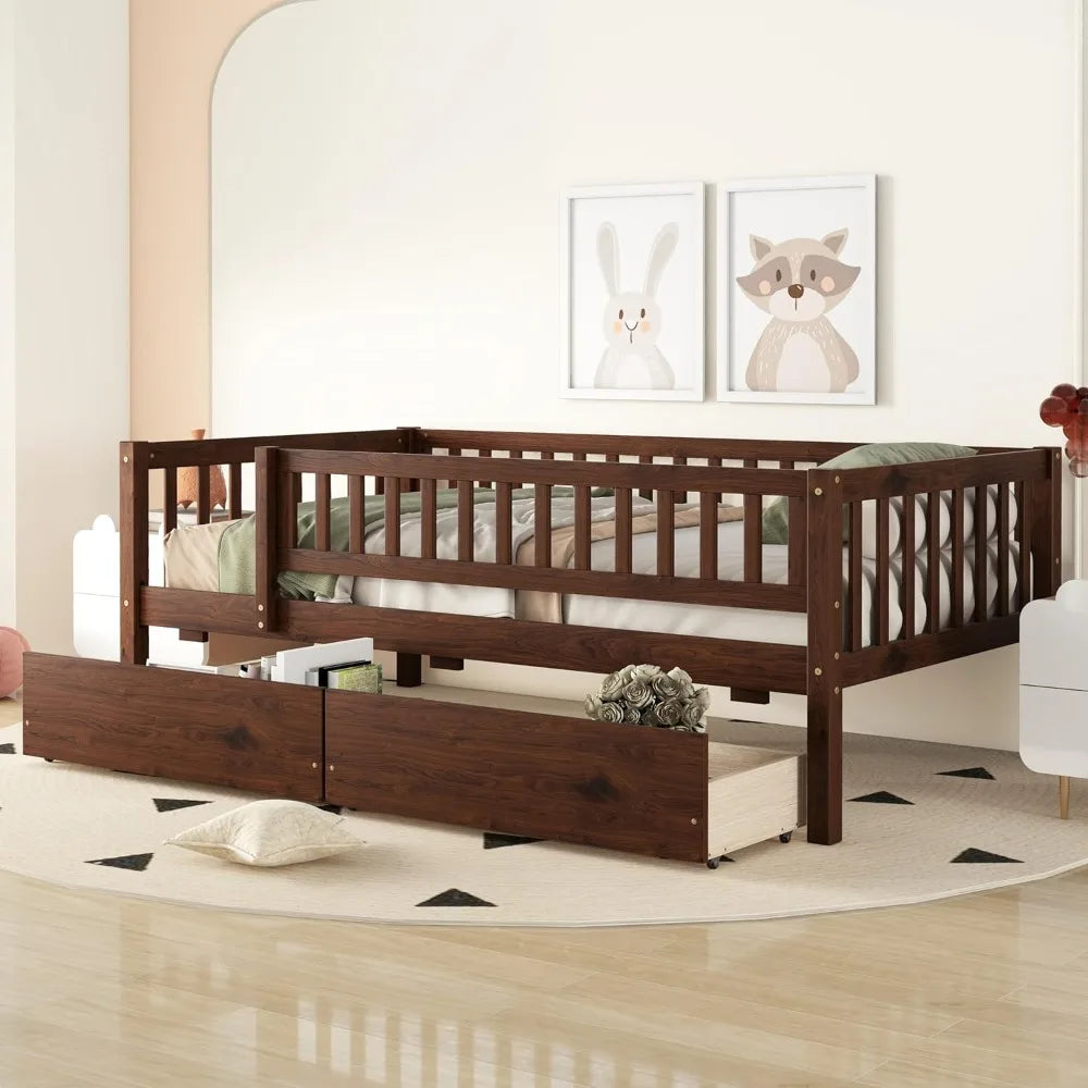 Solid Wood Daybed Frame With Storage Drawers And Rails