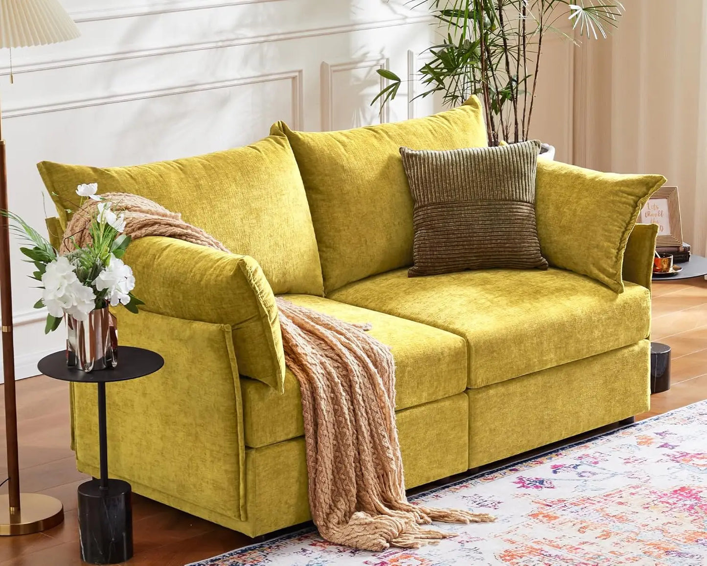Oversized Loveseat Sofa, Modern Modular Sectional Couch Terracotta Orange Fluffy Chenille Mid Century 2-Seat 24.5" Deep Seat for