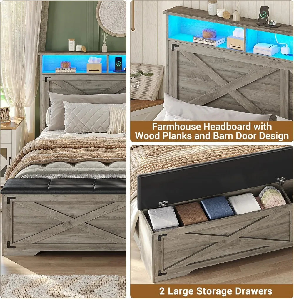 Queen Bed Frame with Storage Ottoman, LED Lights, Charging Station, Farmhouse Headboard, No Box Spring Needed, Oak Grey