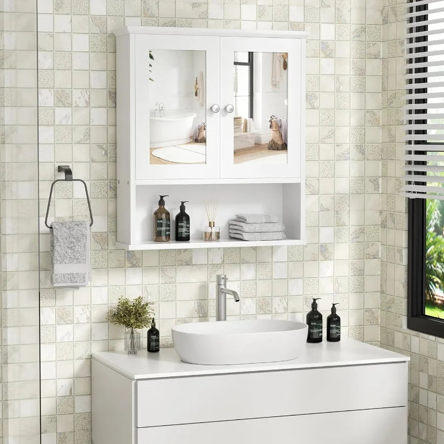 Cabinet With Mirror, Wood Medicine Cabinet With Adjustable Shelf, Wall Mount Cabinet Storage, Cupboard, Whit