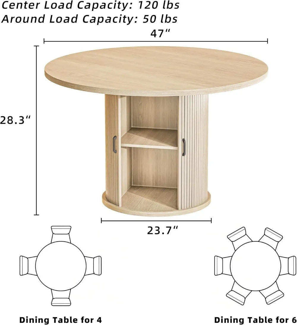Round Dining Table For 4-6 With Storage Shelf And Wood Slide Door In Oak