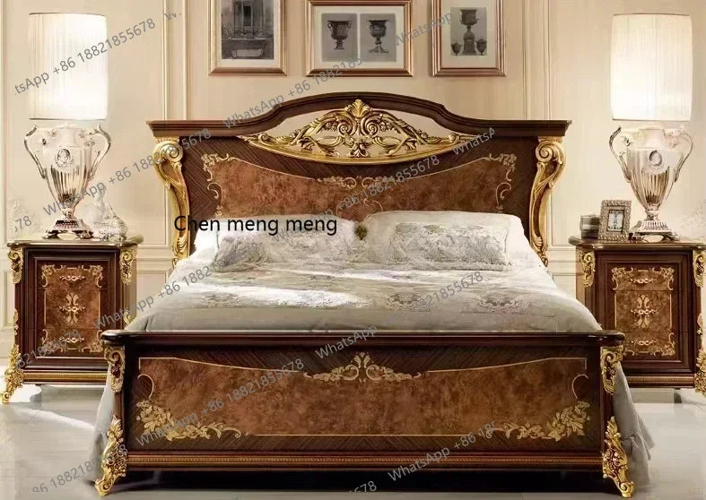 Sales Classic Antique Wood Bedroom Furniture Set Wood Bedroom Set King Bed Luxury Royal Gold Brown Bedroom Furniture Set