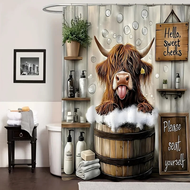 Funny Highland Cow Shower Curtain Set Farmhouse Bathroom Decor