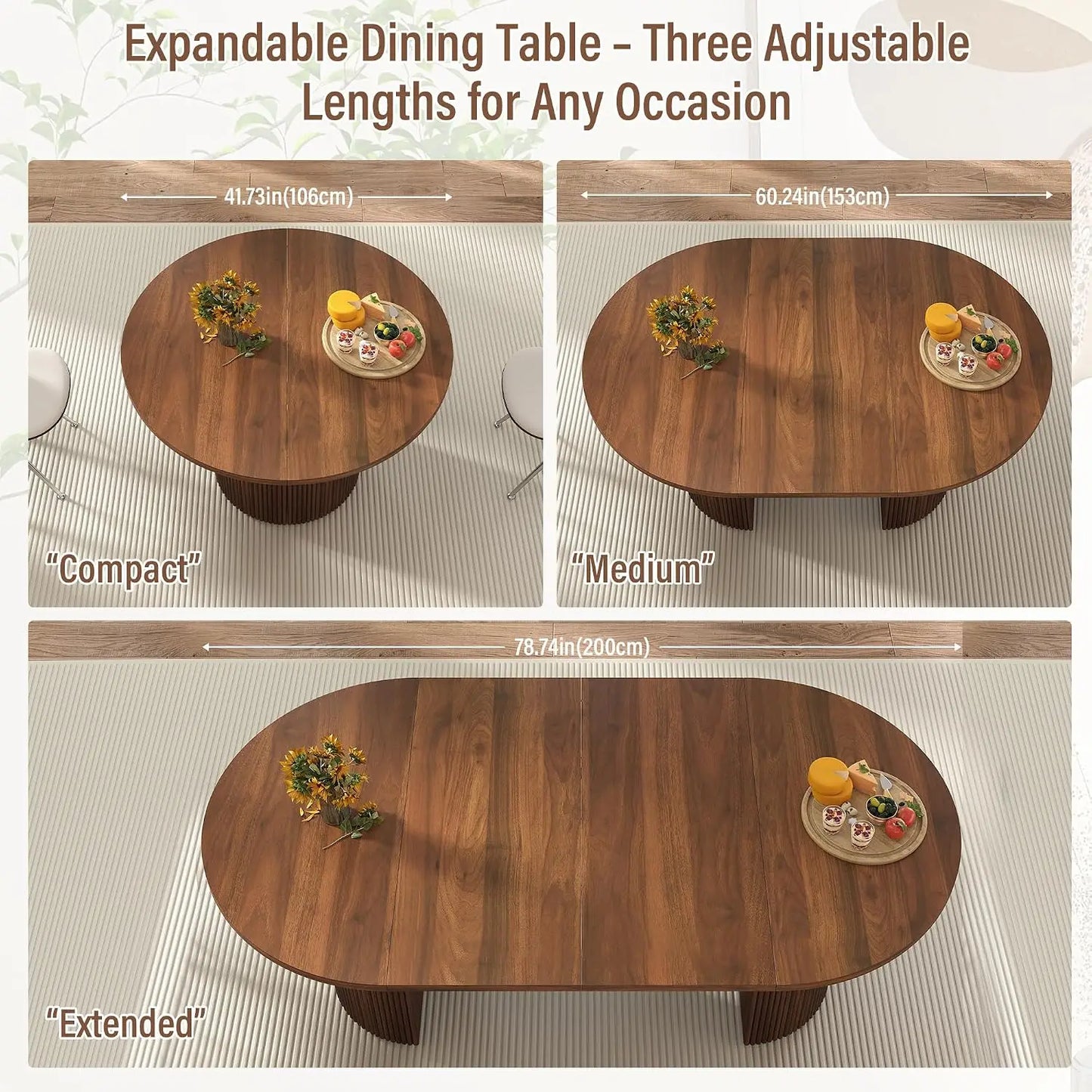 41 in-78 in Extendable Dining Room Table for 4-8, Round Expandable Kitchen Table with Fluted Base, Modern Farmhouse Oval Dinner