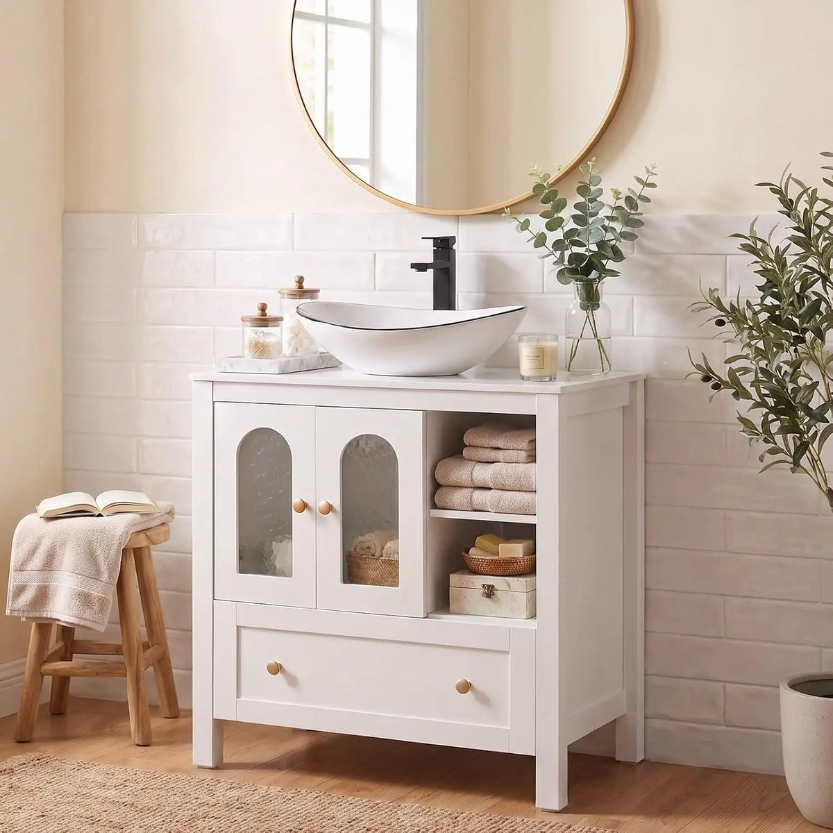 30" Bathroom Vanity with Sink, Freestanding Cabinet, 2 Water Ripple Doors & 1 Drawer, Soft-Close, Silver Glass Boat Sink, White,