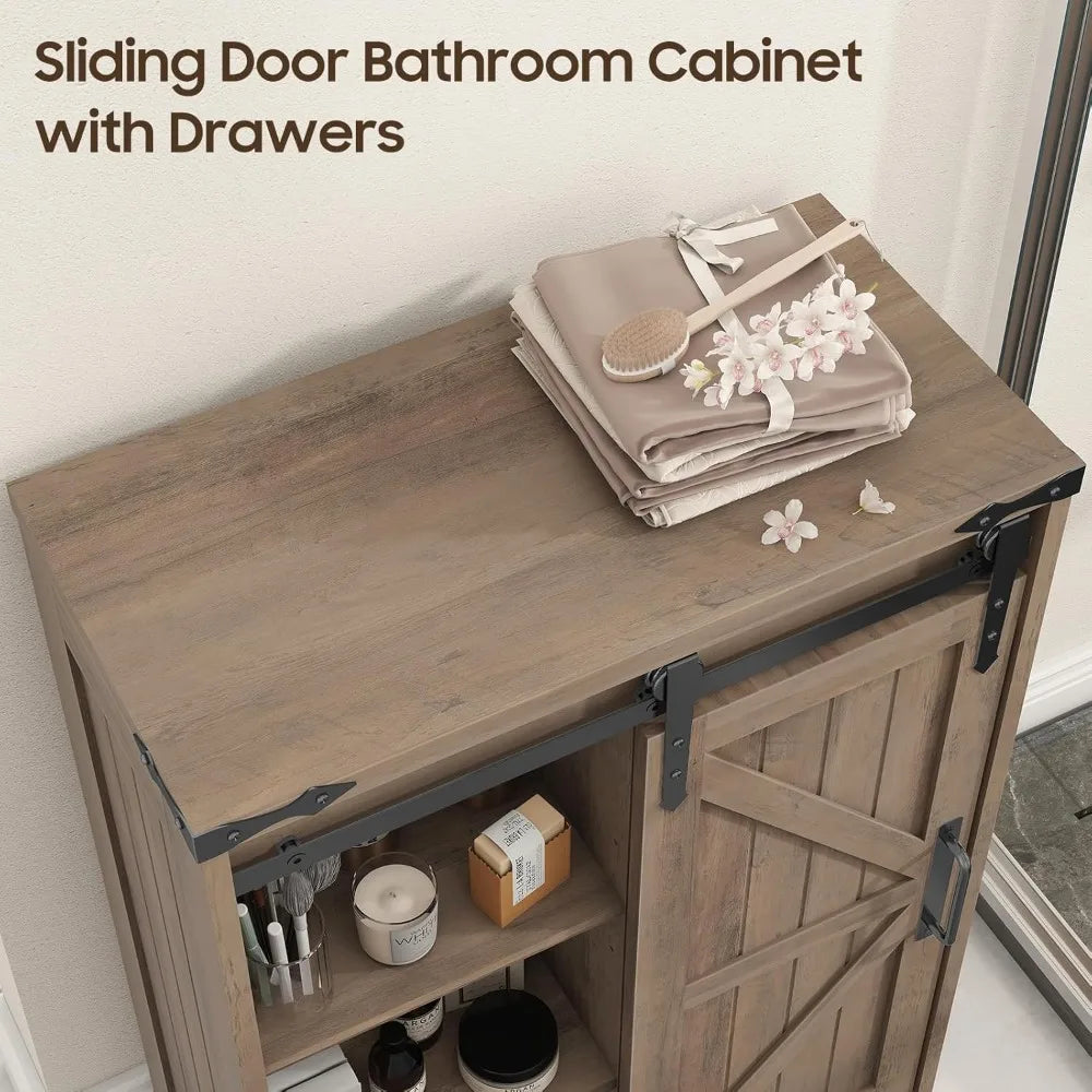 XMSJ Farmhouse Bathroom Cabinet With Sliding Door And Drawers