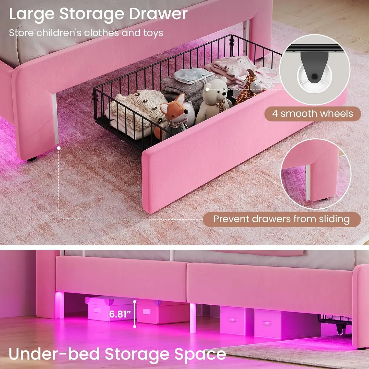 Twin Size Princess Bed Frame Storage Drawer Safety Guardrails Led Velvet Upholstered Platform Bed Girls Wavy Storage Headboard C