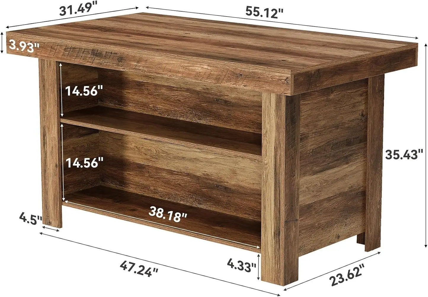 55 Inches Kitchen Island with Storage, 3-Tier Farmhouse Wooden Stationary Island Table with Large Worktop & Leg Room, Modern Cof