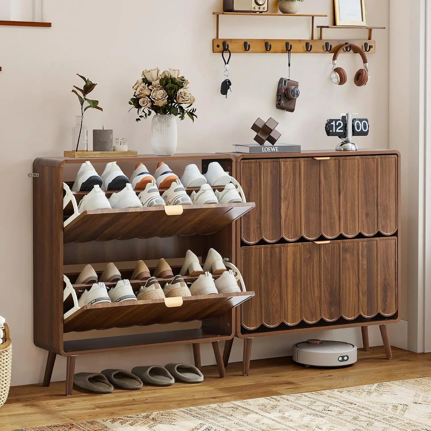 Narrow Freestanding Wood Shoe Storage Cabinet,Wave Panel & 4 Flip Drawers For Entryway, Custom