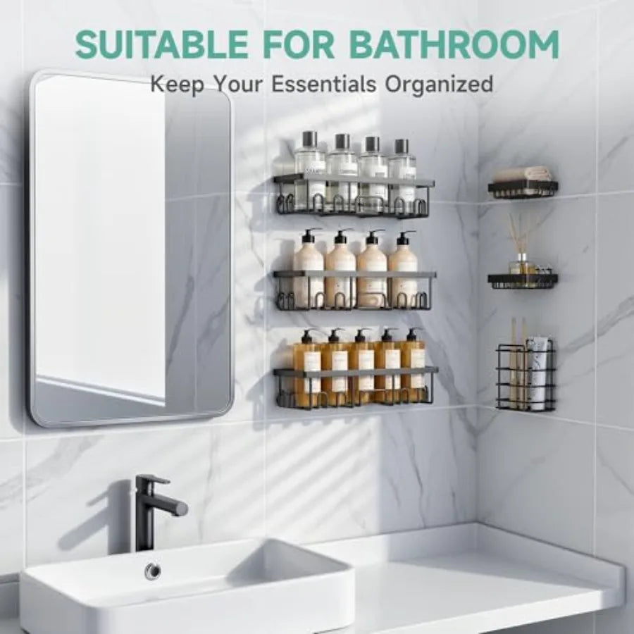 Shower Caddy 6-Pack, Advanced Rustproof Design, No Drilling Adhesive Shelves, Rack with Soap Holder, Large Capacity Bathroom Or