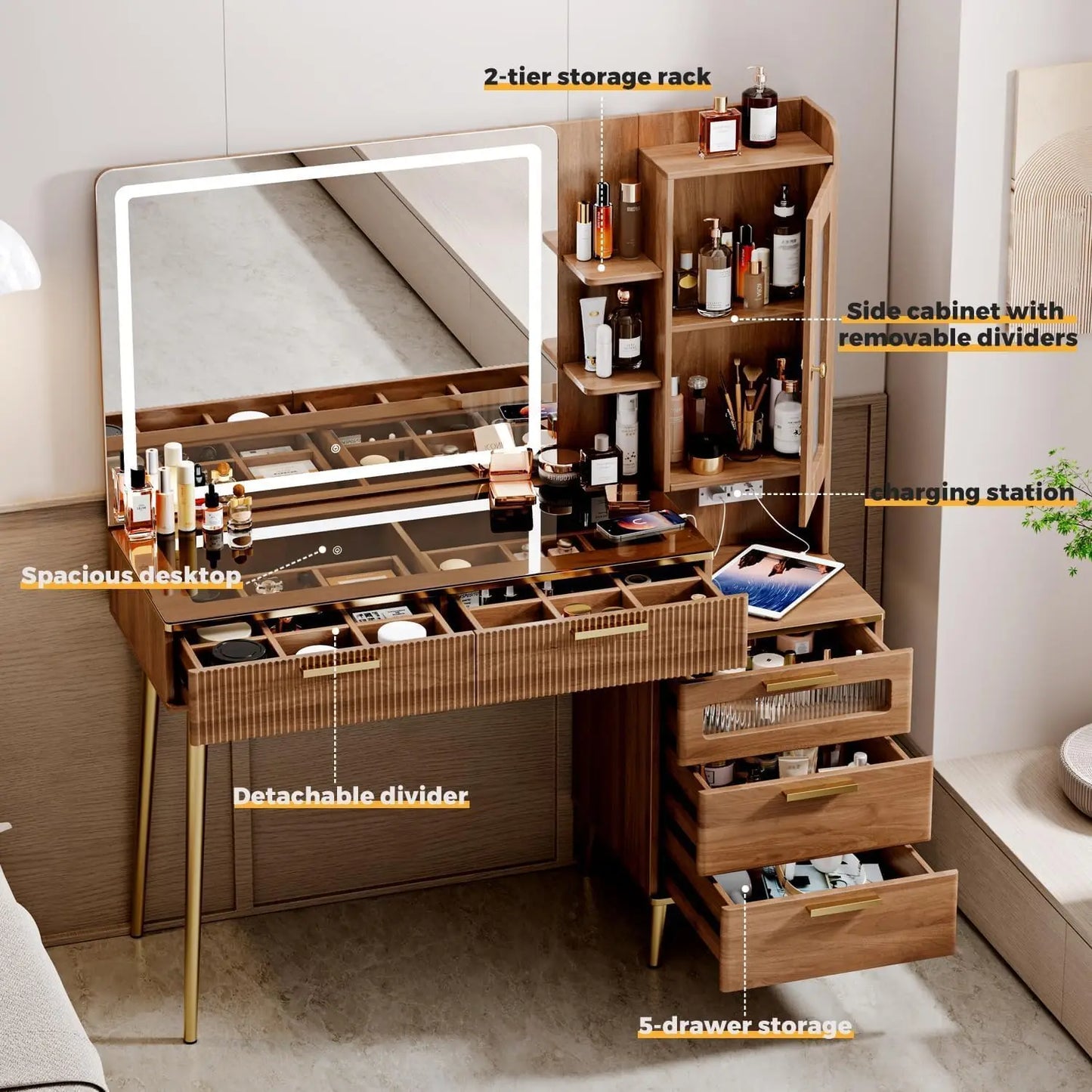 Modern Makeup Vanity Desk With Lighted Mirror And Storage