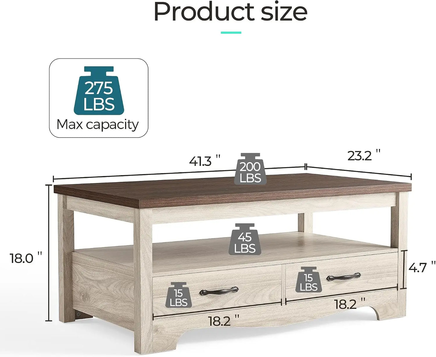 Farmhouse Coffee Table With Storage, Wood Coffee Table For Living Room, Open Display Area And Storage Drawers With Metal