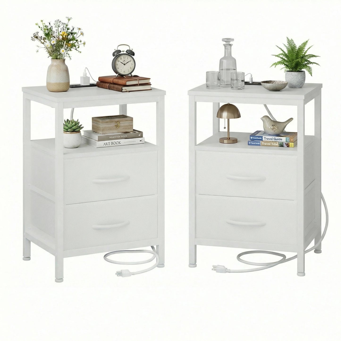 JHK Two-Drawer Fabric Nightstands With USB Ports Set Of 2