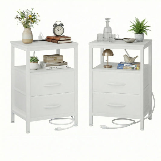JHK Two-Drawer Fabric Nightstands With USB Ports Set Of 2