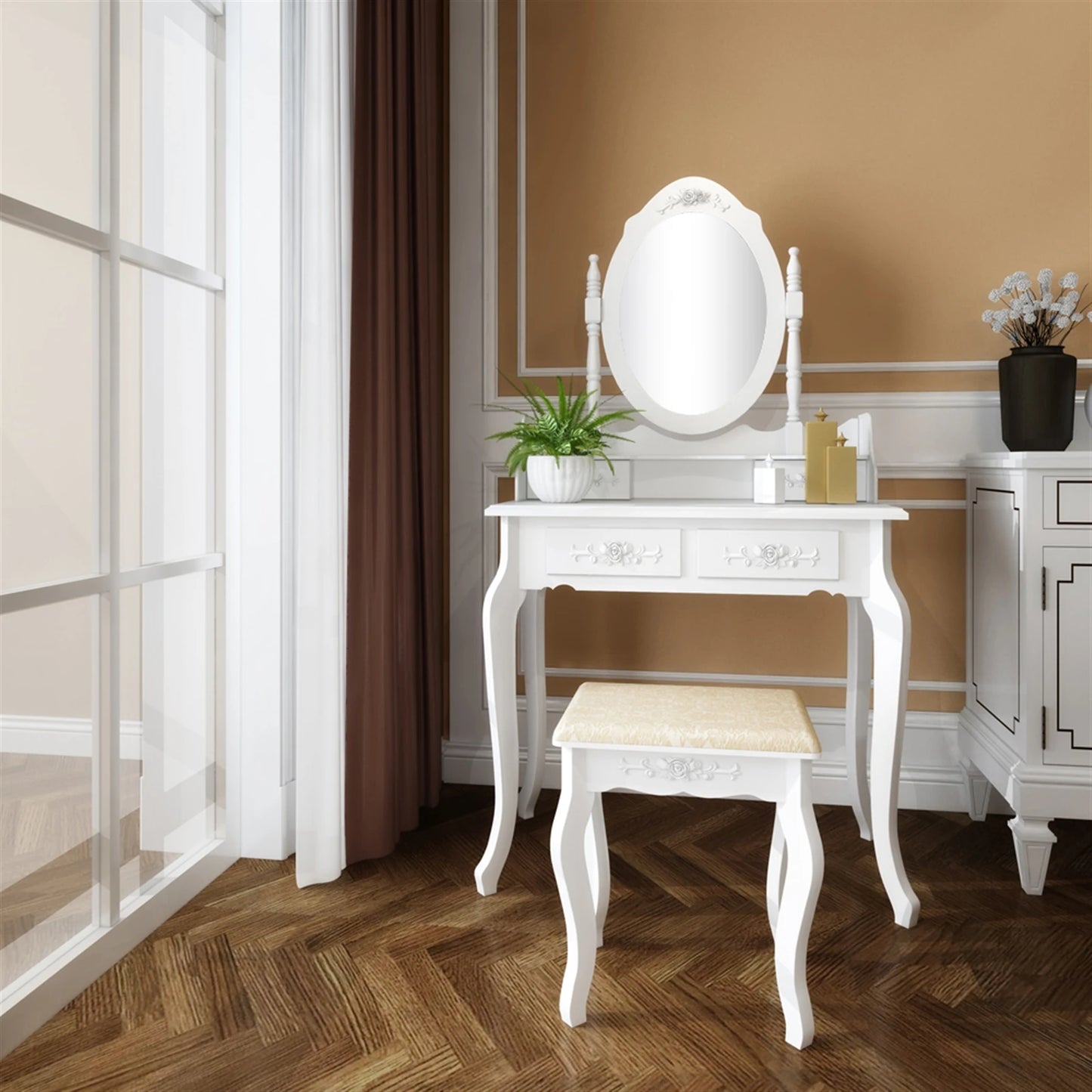 Modern 4-Drawer Dresser With 360-Degree Rotating Mirror