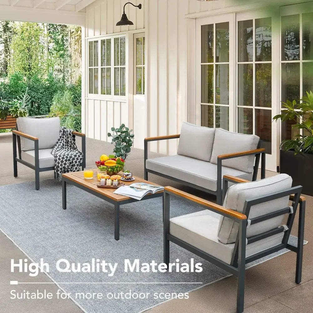 4 Pieces Patio Furniture Sets Outdoor Conversation Set Acacia Wood Sofa Set with Coffee Table Thicker Sponge Cushion