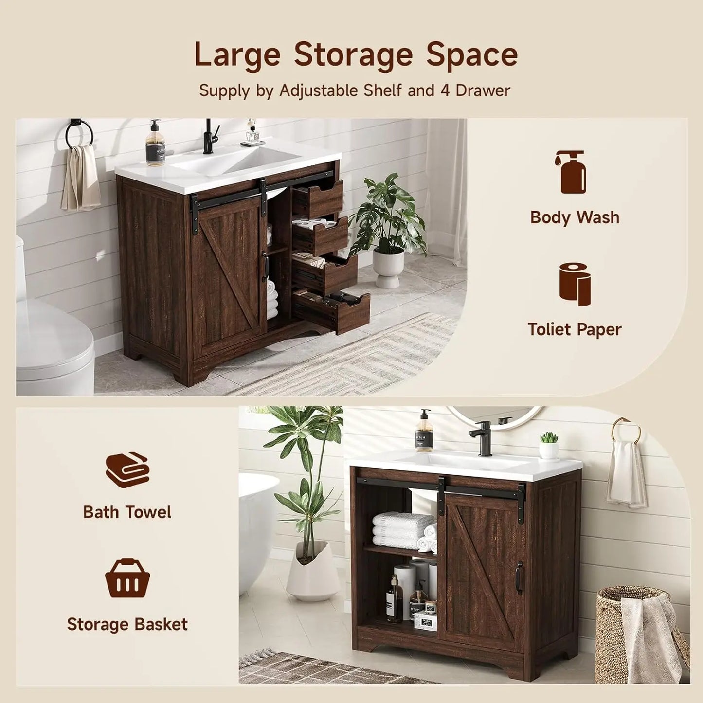 Farmhouse Sliding Barn Door Vanity With Resin Basin And Drawers