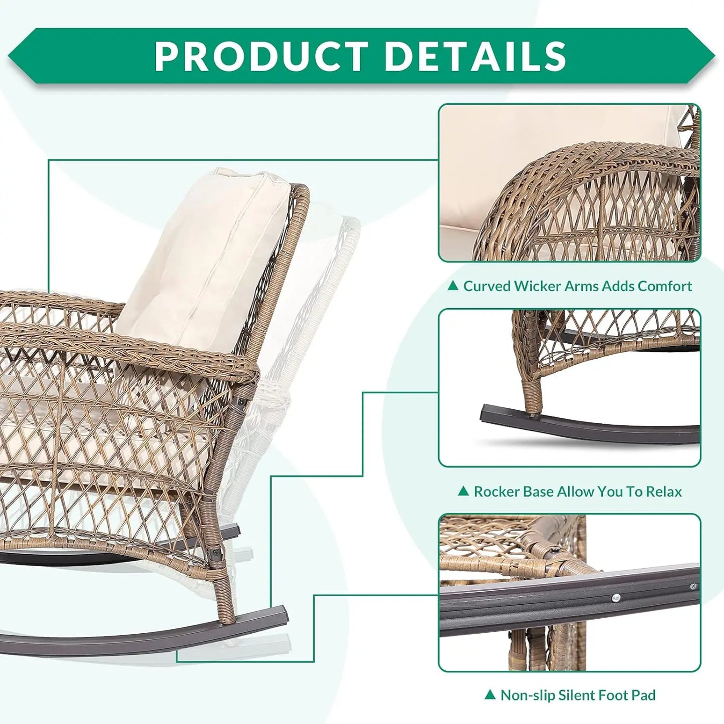 Outdoor Wicker Rocking Bistro Set Cushioned Chairs Glass Top Table