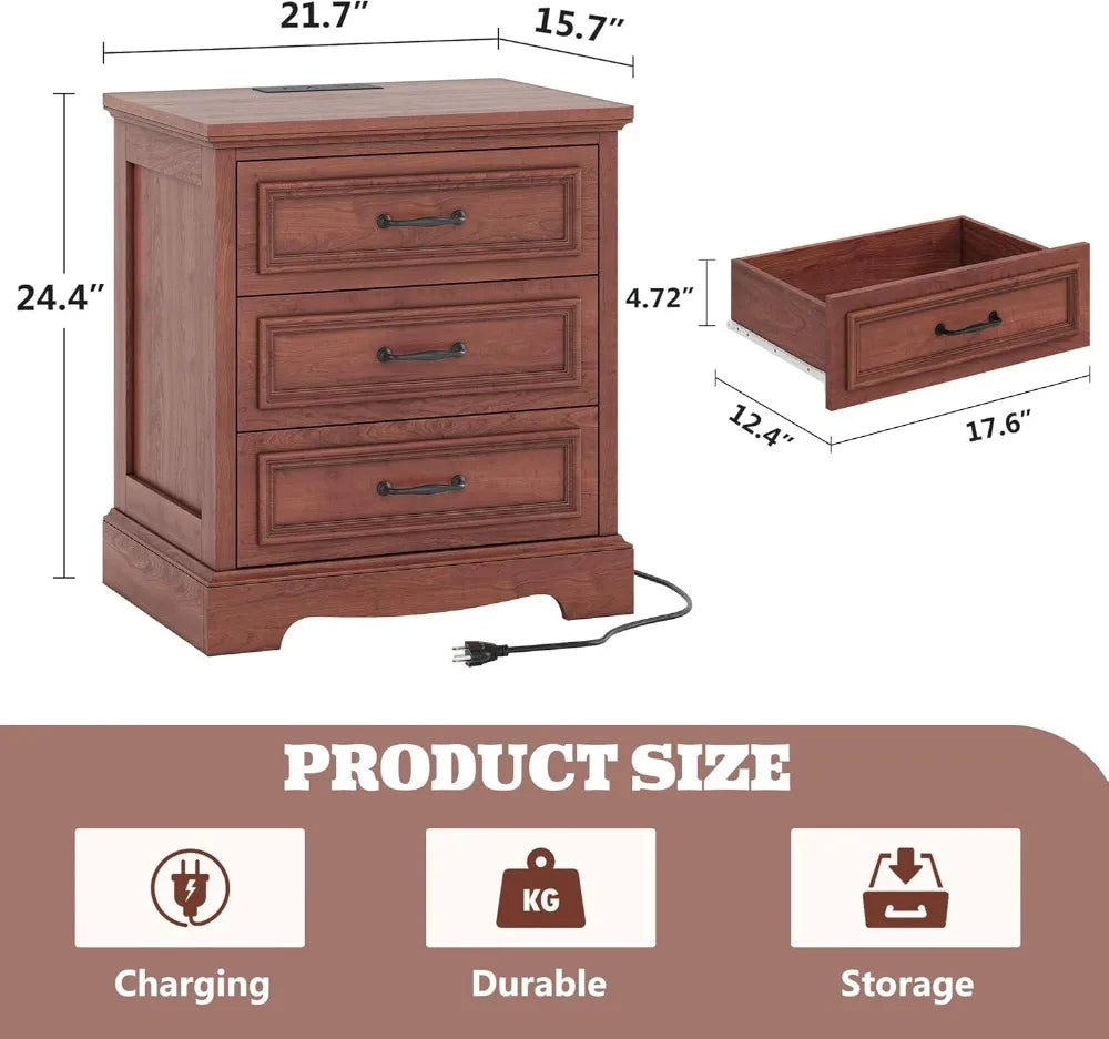 21.7" Farmhouse Nightstand Set of 2 with Charging Station, 3 Drawers, USB-C, End Table for Bedroom Living Room, Cherry Brown