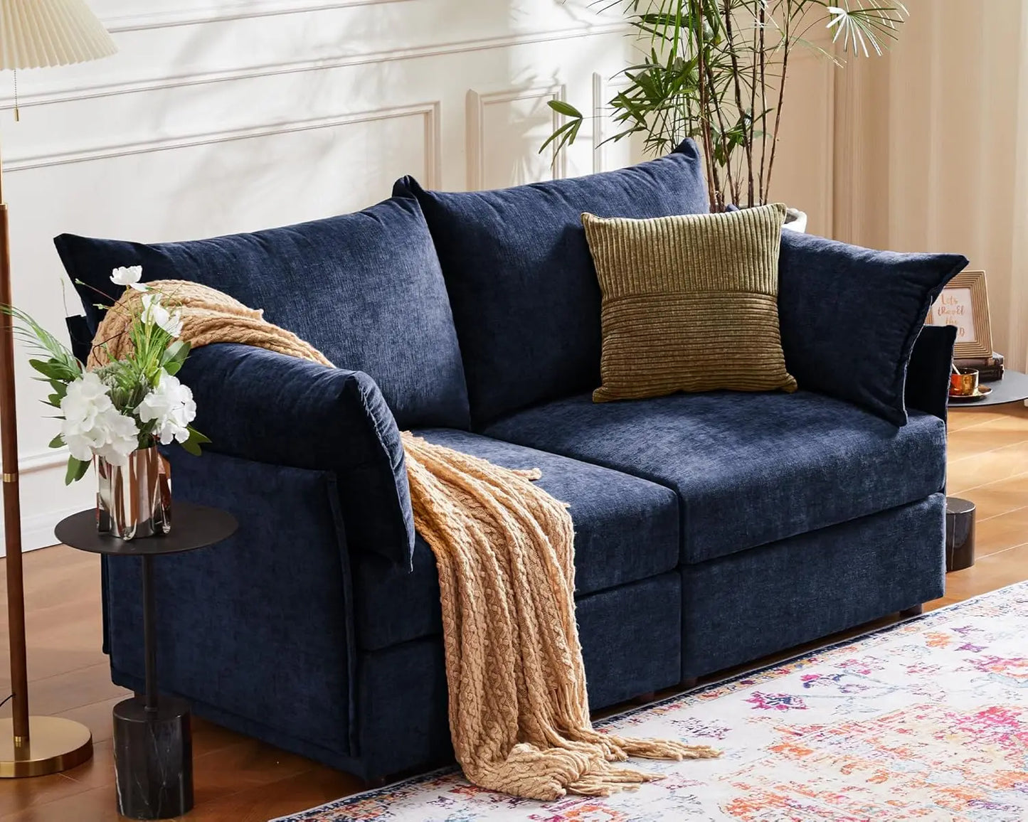 Oversized Loveseat Sofa, Modern Modular Sectional Couch Terracotta Orange Fluffy Chenille Mid Century 2-Seat 24.5" Deep Seat for